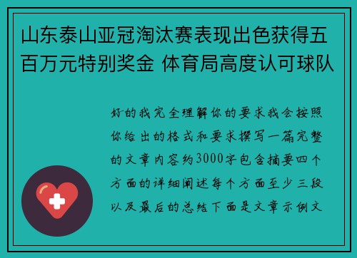 山东泰山亚冠淘汰赛表现出色获得五百万元特别奖金 体育局高度认可球队努力